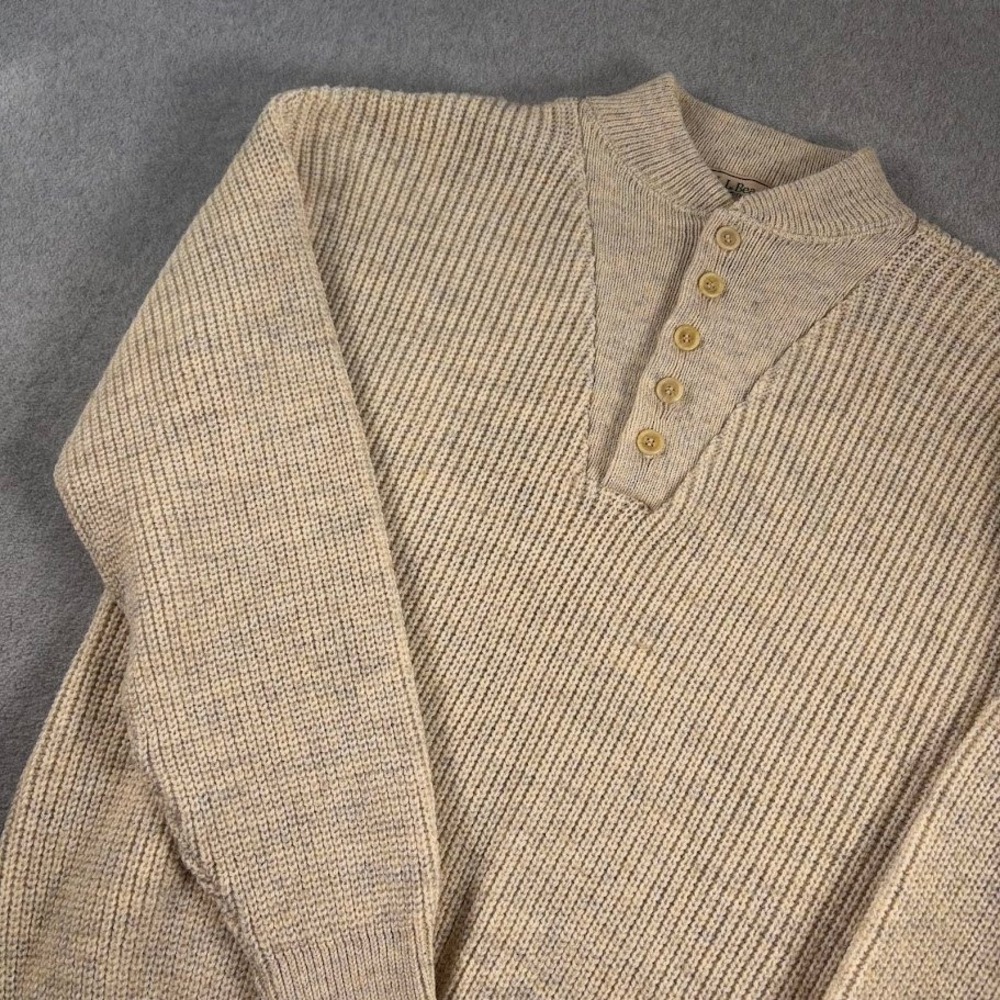 VTG LL Bean Sweater Mens L Beige Fisherman Henley Knit Wool Blend Made in USA